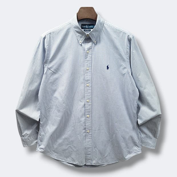 [L-XL] 폴로 화이트 블루 체크 커스텀 핏 긴팔 코튼셔츠