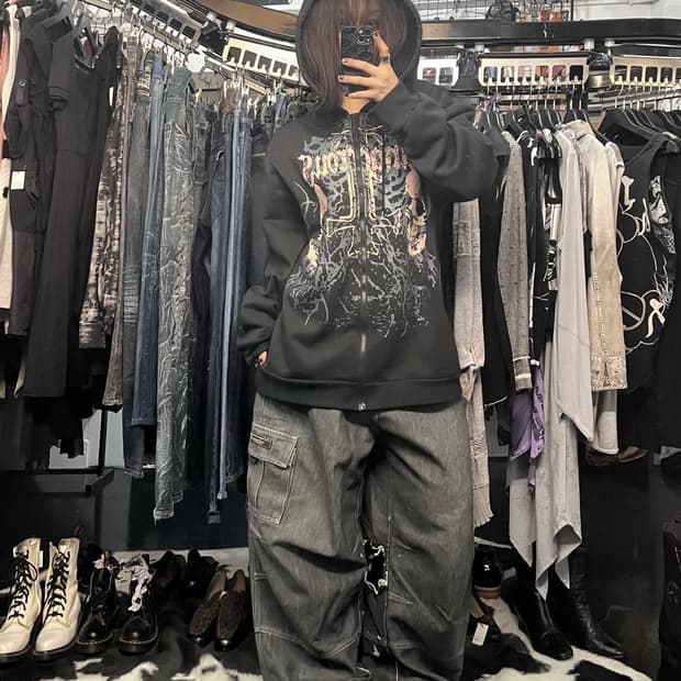 오버핏 해골 프림팅 후드집업