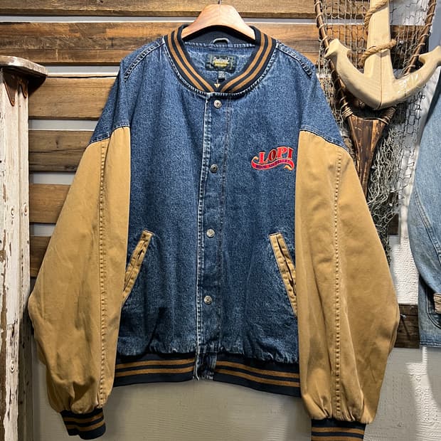 [2XL]90's USA 빈티지 워싱 LOPI 브라운 데님 바시티 자켓