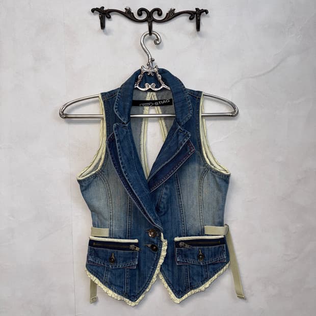 Washing denim y2k back slit buckle vest