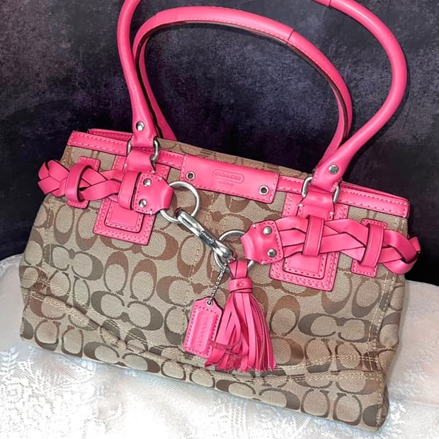90s coach 햄튼 시그니처 캔버스 레더 브레이드 핑크 사첼백