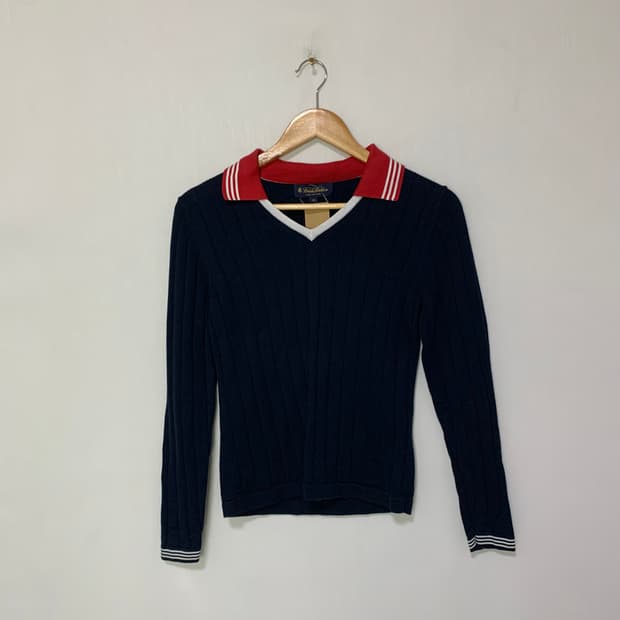 브룩스 브라더스 빈티지 세미 크롭 배색 네이비 니트 M 프레피룩