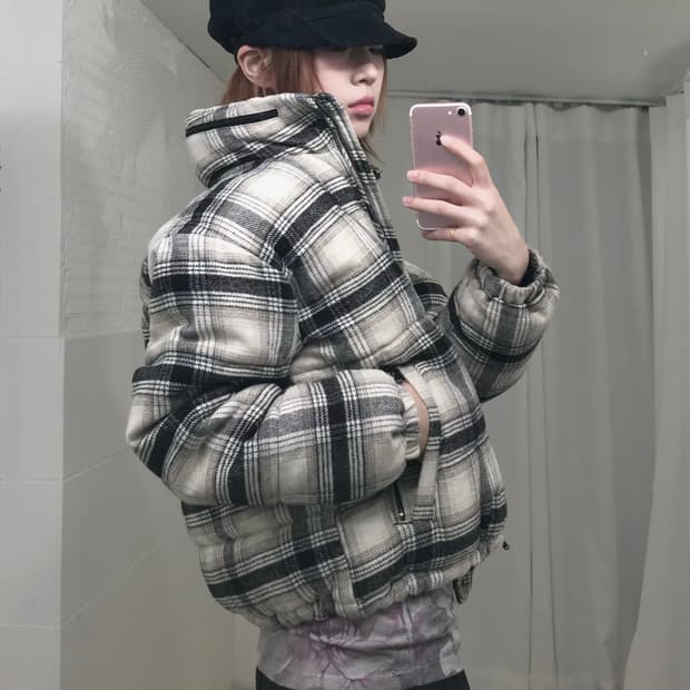 아메리칸 이글 아이보리 코튼 체크 패딩