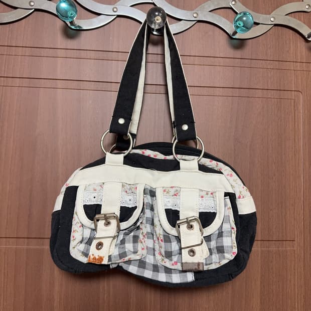 일본 빈티지 모리걸 핸드메이드 체크 플라워 핸드백 토트백 모리 가방