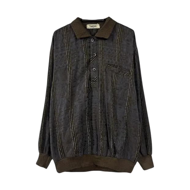 Brown Polo-Collar Patterned Wool Sweater