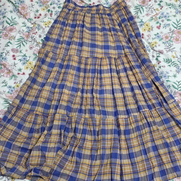 일본빈티지)옐로우x블루 체크 모리걸갸루 플리츠 패치워크 캉캉롱스커트