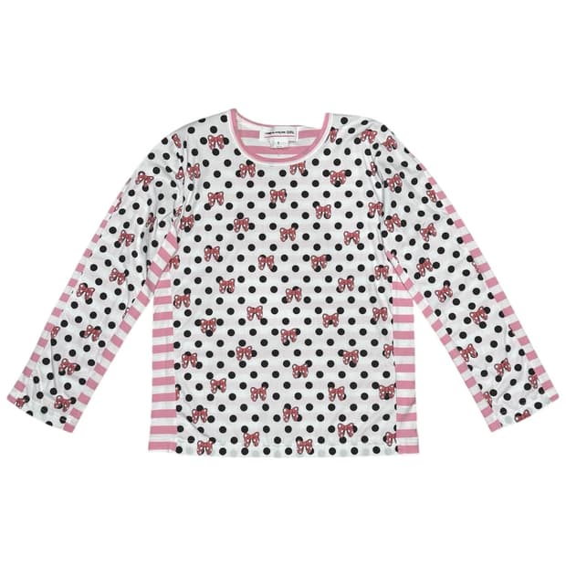 2020 꼼데가르송 x 디즈니 폴카닷 리본 스트라이프 롱슬리브 티셔츠