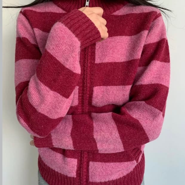 택포) pink high-neck stripe wool cardigan