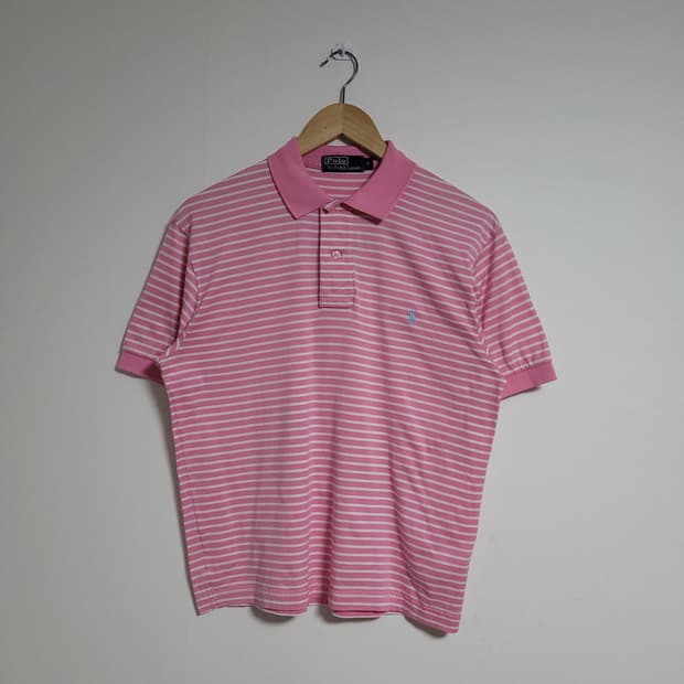 (S) POLO 폴로 핑크 스트라이프 반팔 카라티 크롭