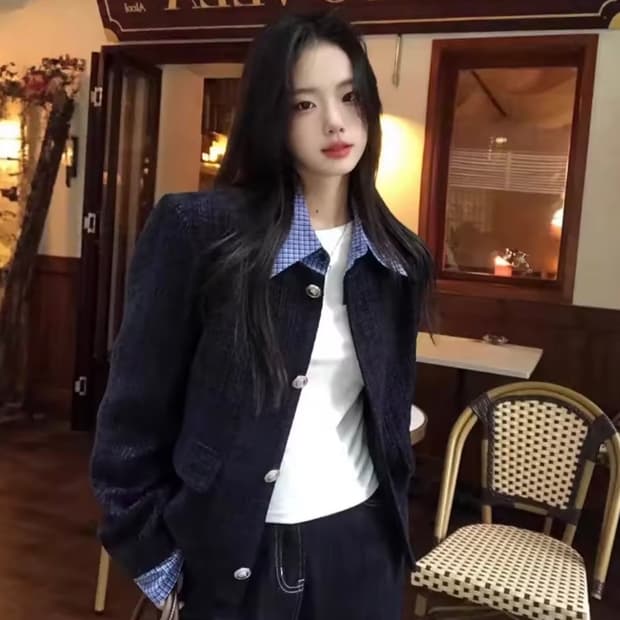 체크 카라 루즈핏 블랙 버튼 자켓