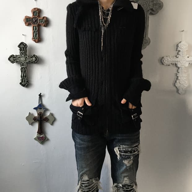 Belted ribbed high neck knit cardigan