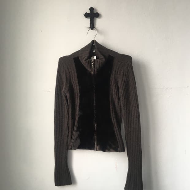 Fur layered high neck knit zip up