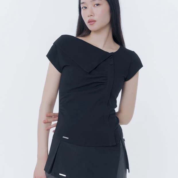 Folding collar shirring top BLACK