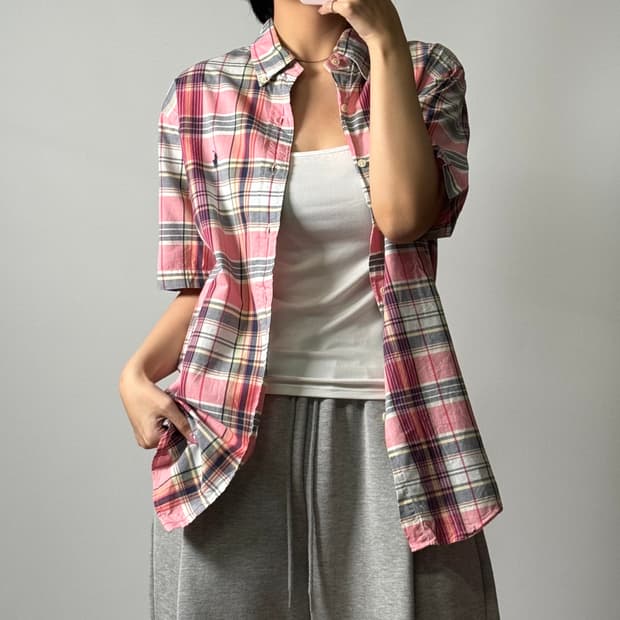 폴로 랄프로렌 체크 반팔 셔츠 핑크 S [071604]