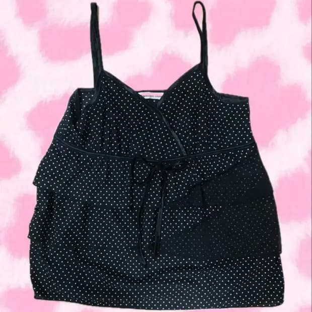 일본 빈티지 블랙 도트 프릴 슬리브 모리