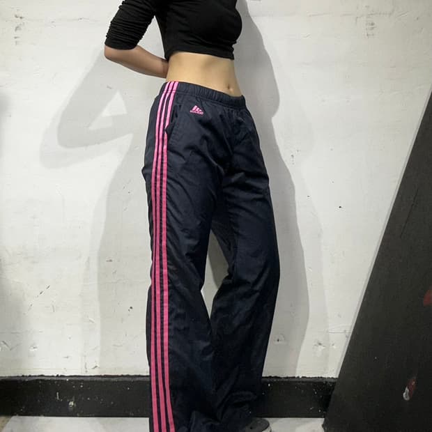 아디다스 네이비 핑크 삼선 와이드 추리닝 트레이닝 트랙 팬츠 S