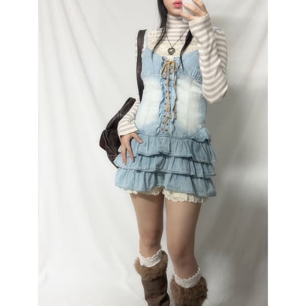 아일렛 울 스트라이프 패턴 니트 데님 원피스 2pcs SET