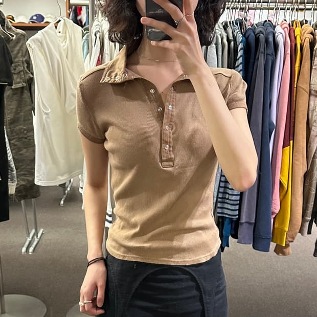 L)Japanese vintage 여성 베이지 골지 반팔