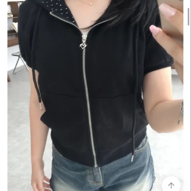 블랙 도트 반팔 후드집업