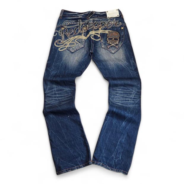 JPN Y2K 레드페퍼 백레터링 워싱 부츠컷 데님 팬츠 (30in)