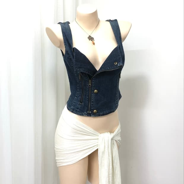 gold button asymmetrical zip denim vest