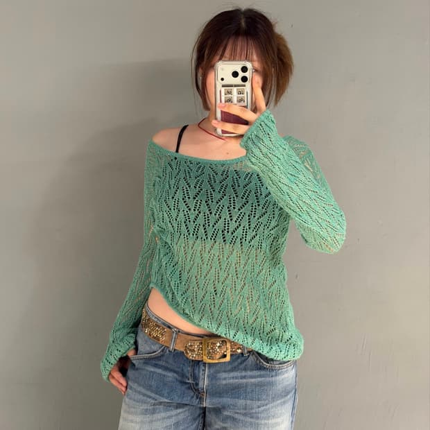 Mint punching detail summer knit top