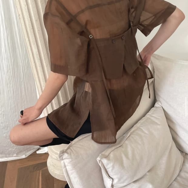 하이원스 브라운 시스루 블라우스set