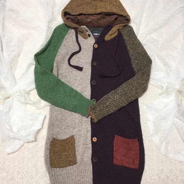 빈티지 히피모리걸 배색 니트 후드집업