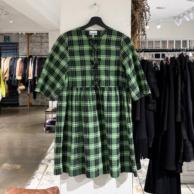 가니 그린 체크 리본 코튼 미니 드레스