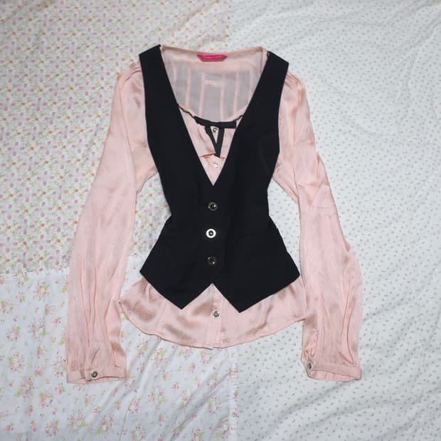 빈티지 Pinky girls 핑크 프릴 리본 블라우스 로걀 공겜여주 갸루