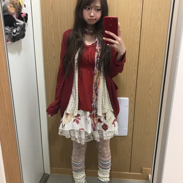 체리 레드 딸기하구미 플라워 레이스 가디건 코디세트