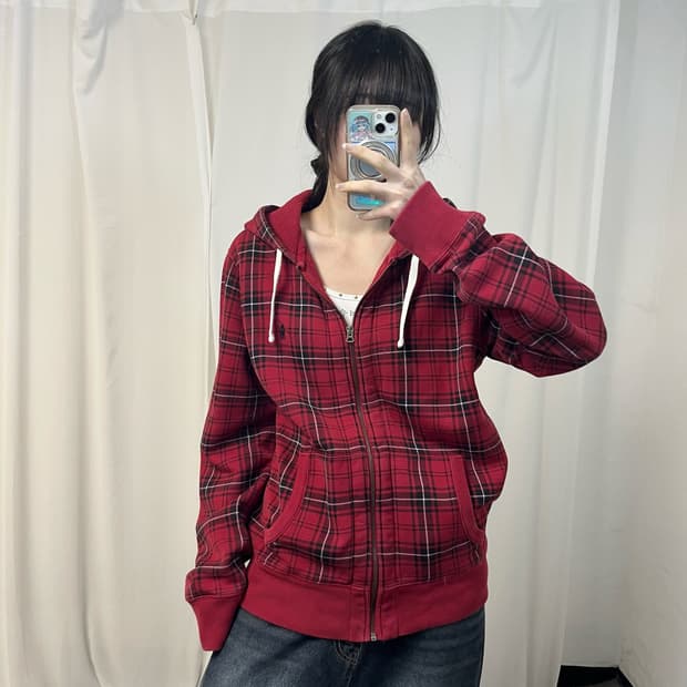 Polo tartan check thermal zip-up hoodie