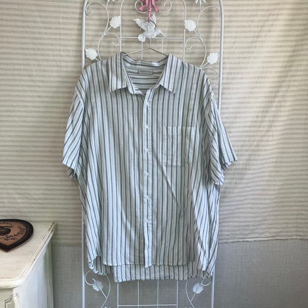 빈티지 스카이 블루 스트라이프 반팔 셔츠 y2k 스트릿 갸루 펑키461 