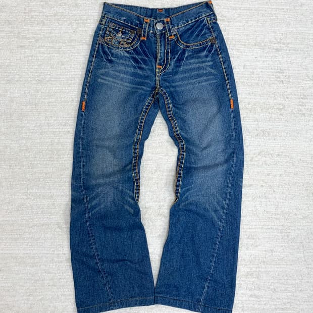 TRUE RELIGION Orange Stitch Straight Jea