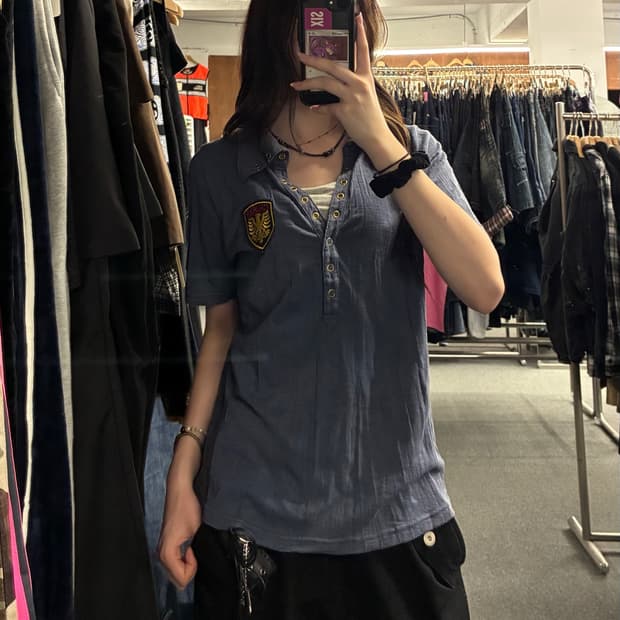 LL)Paleo 빈티지 여성 아일렛 디테일 와펜 카라 반팔