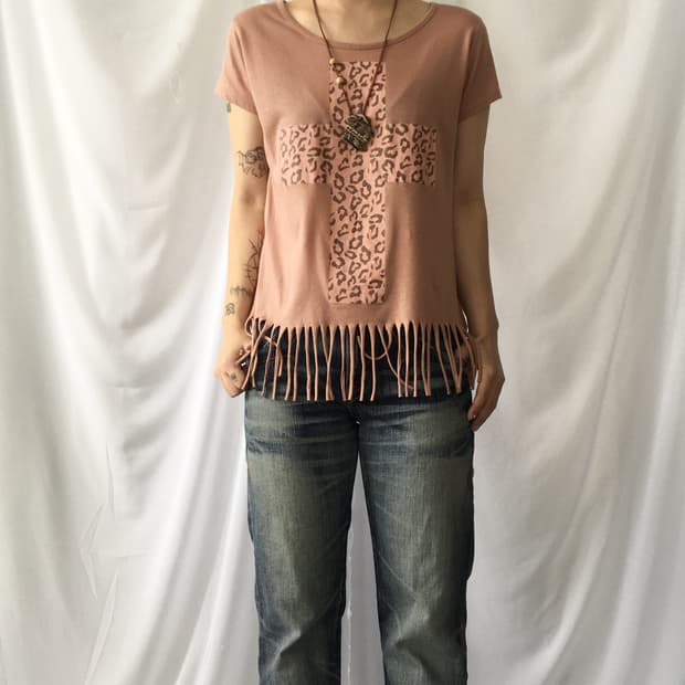 Cross printing fringe t shirt