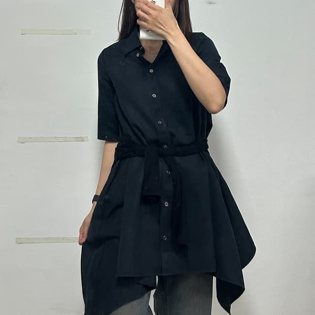 MM6 메종 마르지엘라 코튼 린넨 혼방 셔츠 드레스 블랙 