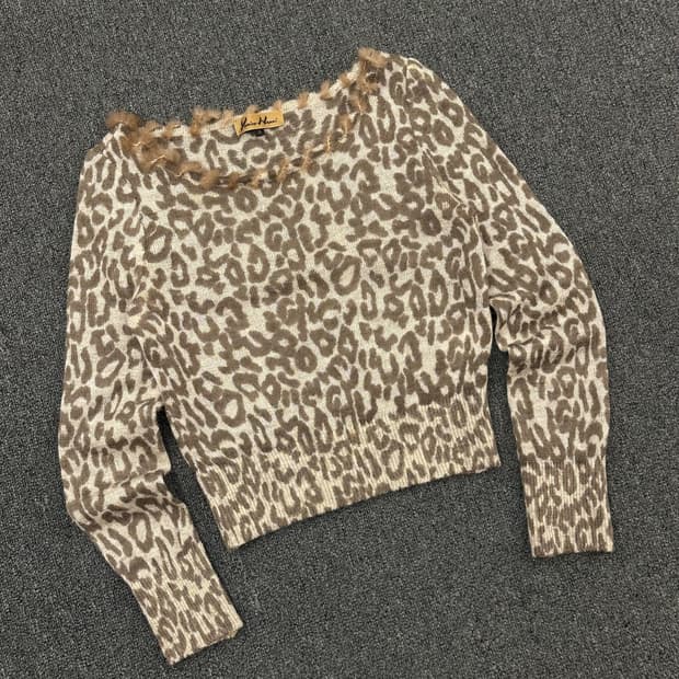10)Japanese vintage 여성 레오파드 퍼 트리밍 니트 탑