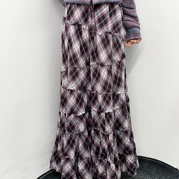 체크 그런지 캉캉 롱 스커트
