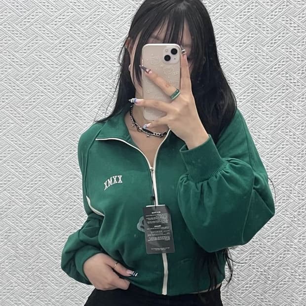 젝시믹스 빈티지 여리 딥그린 배색 집업 자켓 M C07728