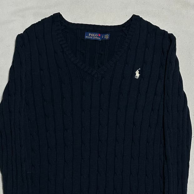 S 폴로랄프로렌 여성용 네이비 브이넥 케이블 니트