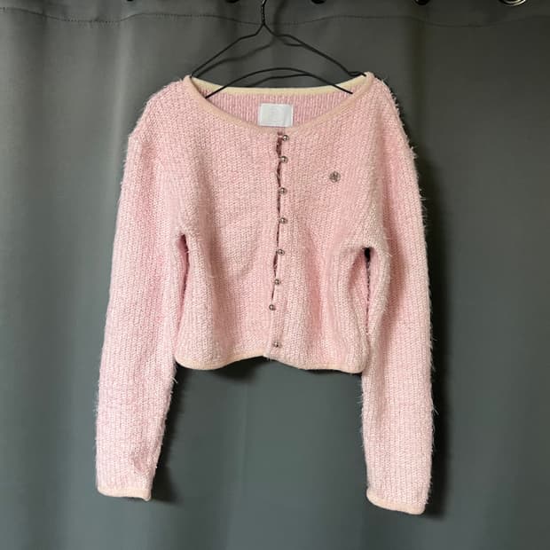 김미더영 핑크 크롭 트위드 가디건