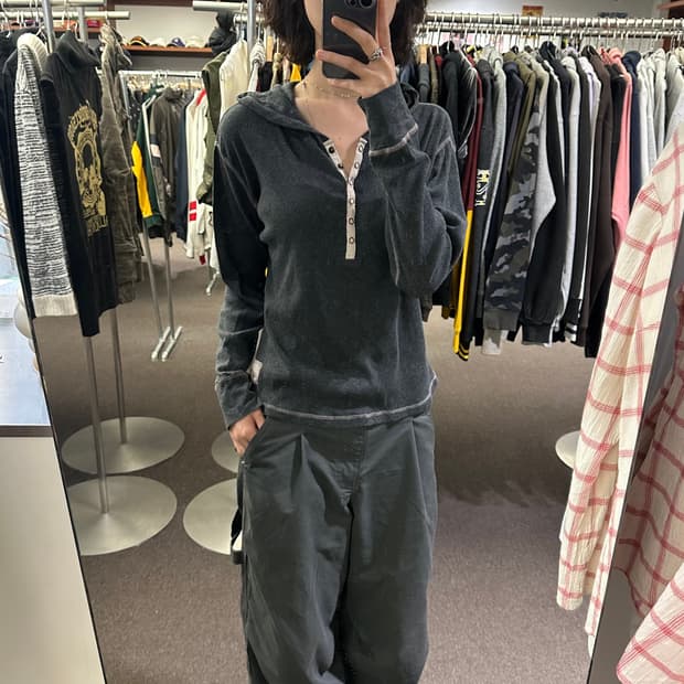 XL)Japanese vintage 여성 스냅 버튼 그레이 후디