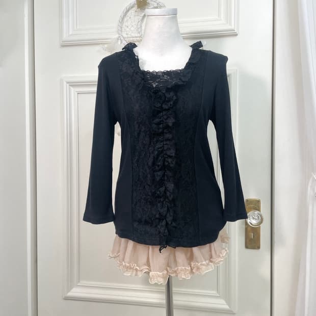 black lace ruffle knit top(size-L) 