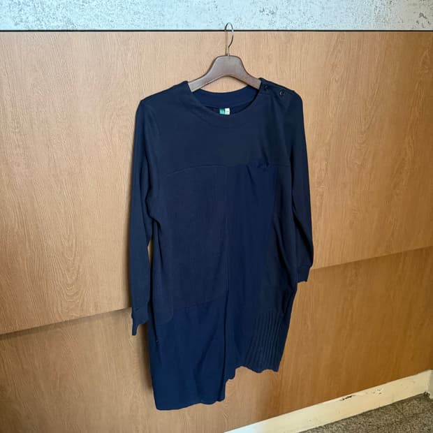 빈티지 라운드넥 롱 티셔츠 와플 배색 어깨 버튼 디테일 네이비 k154