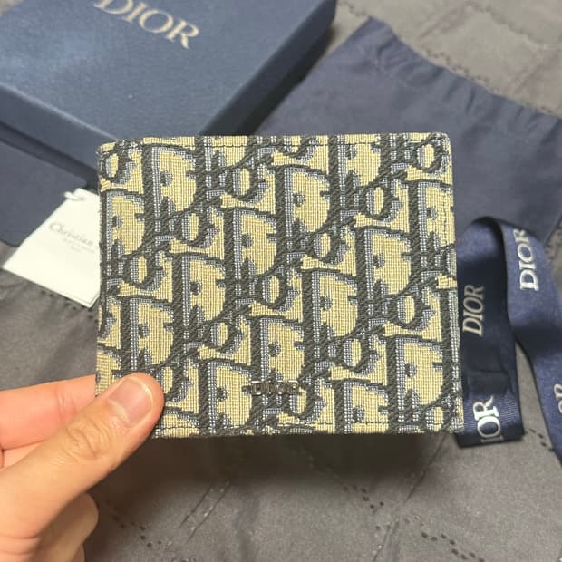 디올 오블리크 자카드 반지갑 베이지