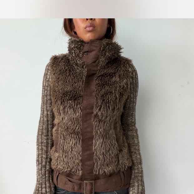 Vintage brown faux fur knit high neck 