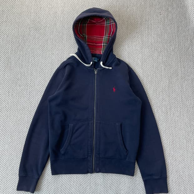 폴로 네이비 체크 후드집업