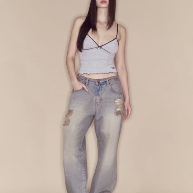플리즈노팔로우 빈티지 워싱 와이드 데님 팬츠