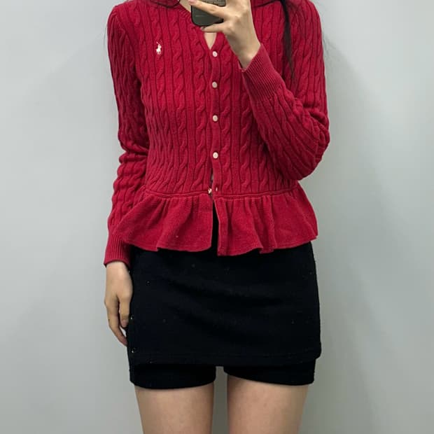 폴로 랄프로렌 프릴 레드 꽈배기 니트 가디건 
